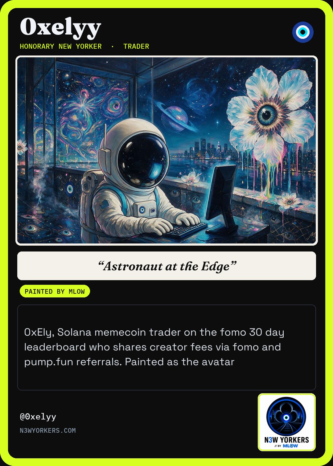 The Honorary card for 0xelyy, painted by MLow