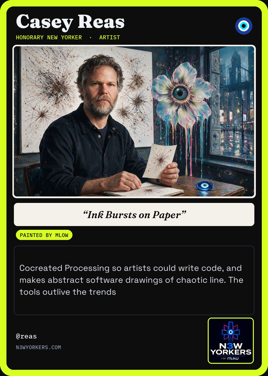 The Honorary card for Casey Reas, painted by MLow
