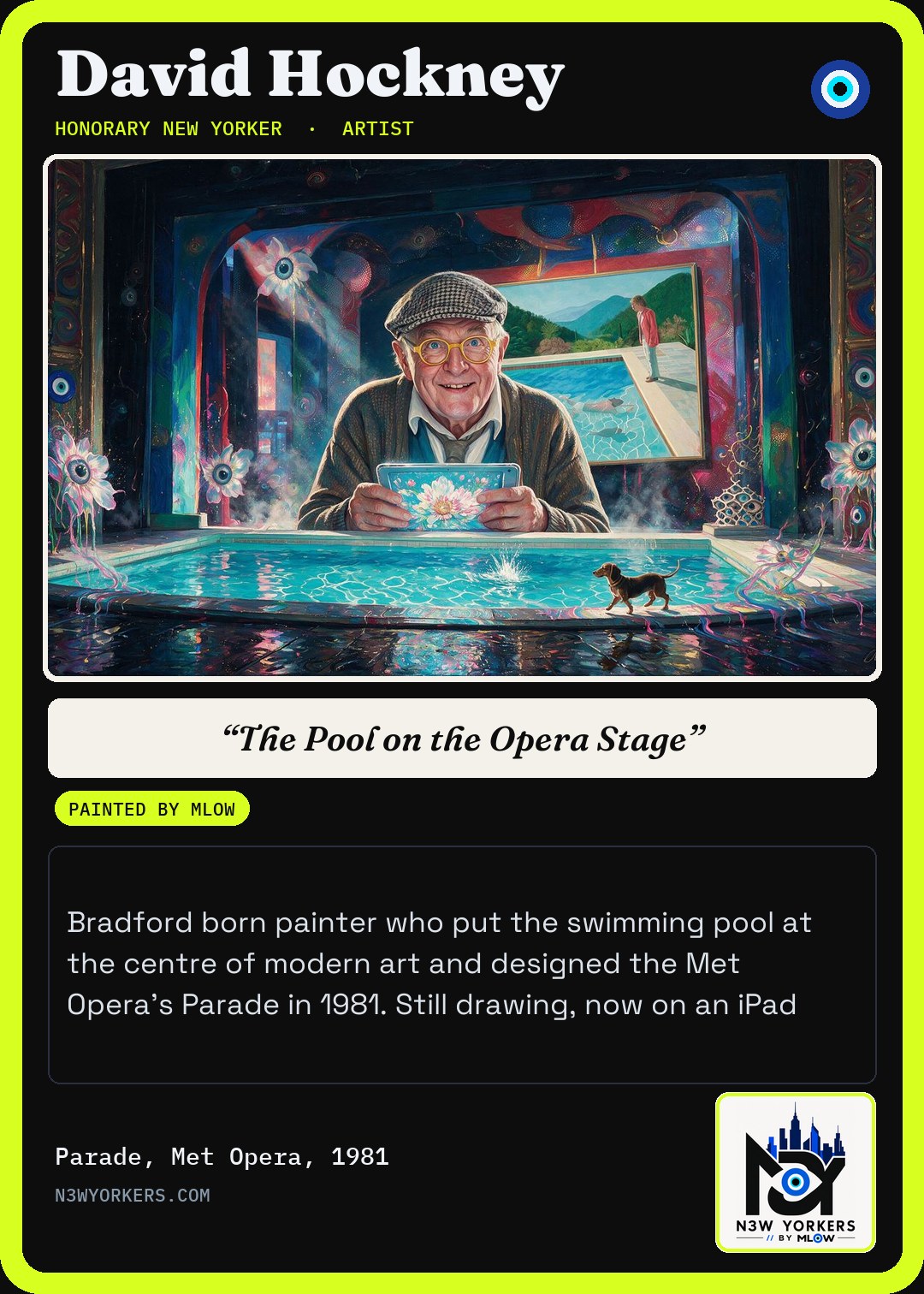 The Honorary card for David Hockney, painted by MLow