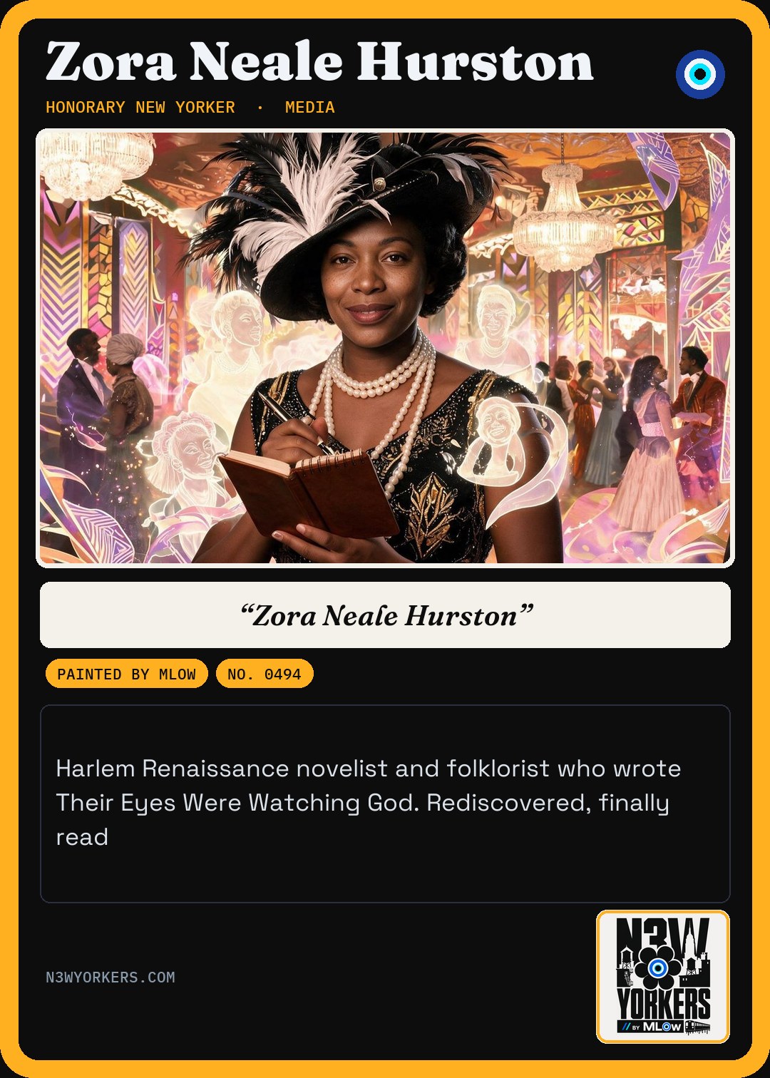 The Honorary card for Zora Neale Hurston, painted by MLow