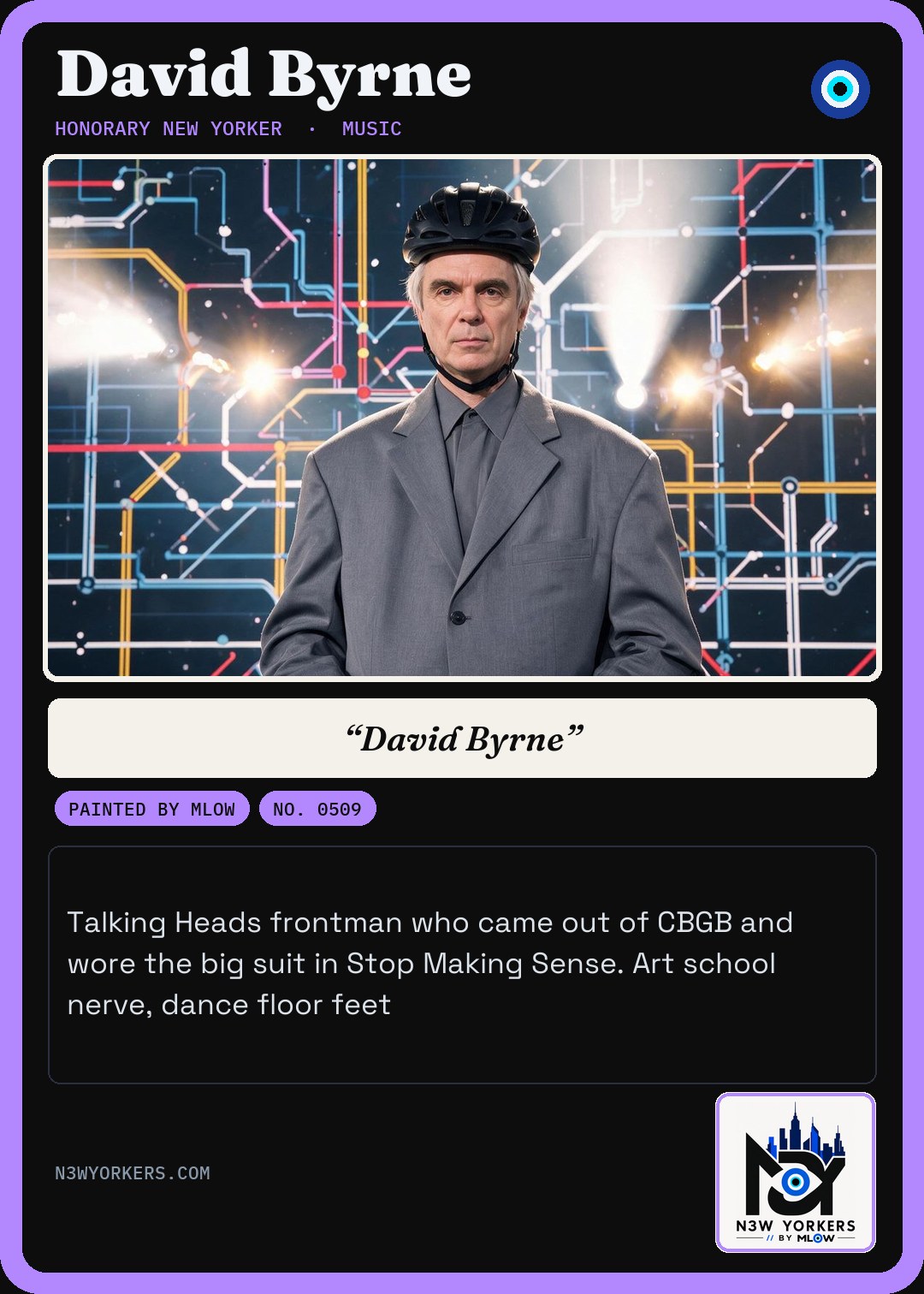 The Honorary card for David Byrne, painted by MLow