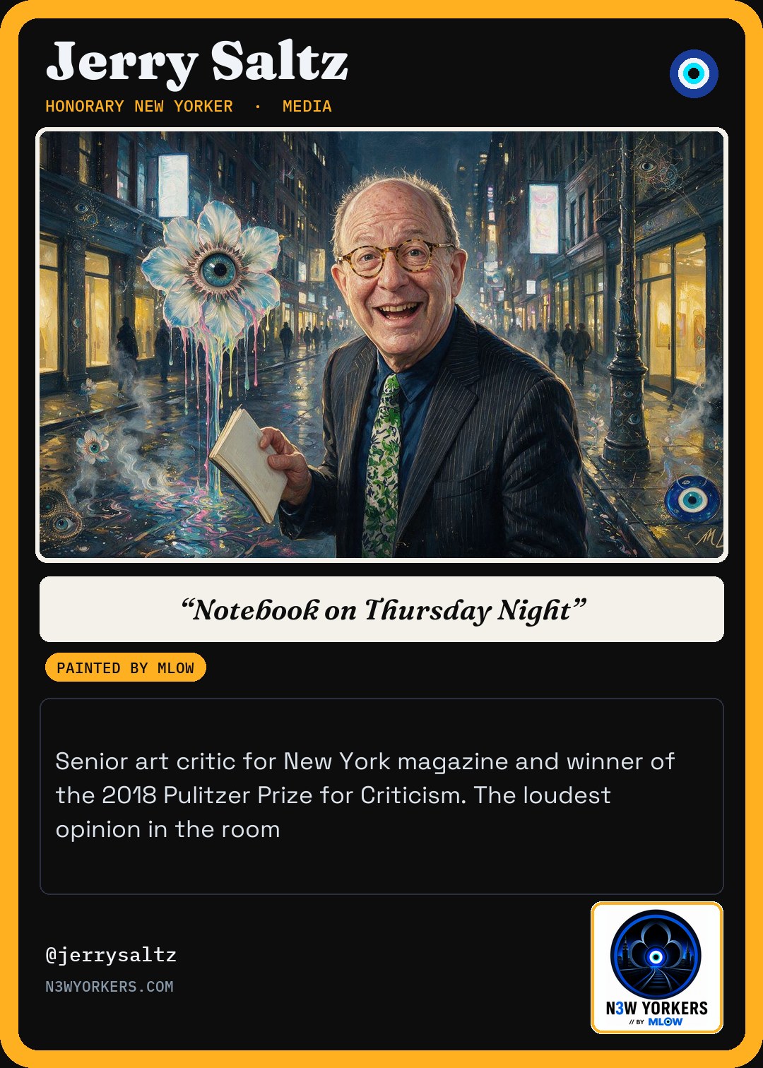 The Honorary card for Jerry Saltz, painted by MLow