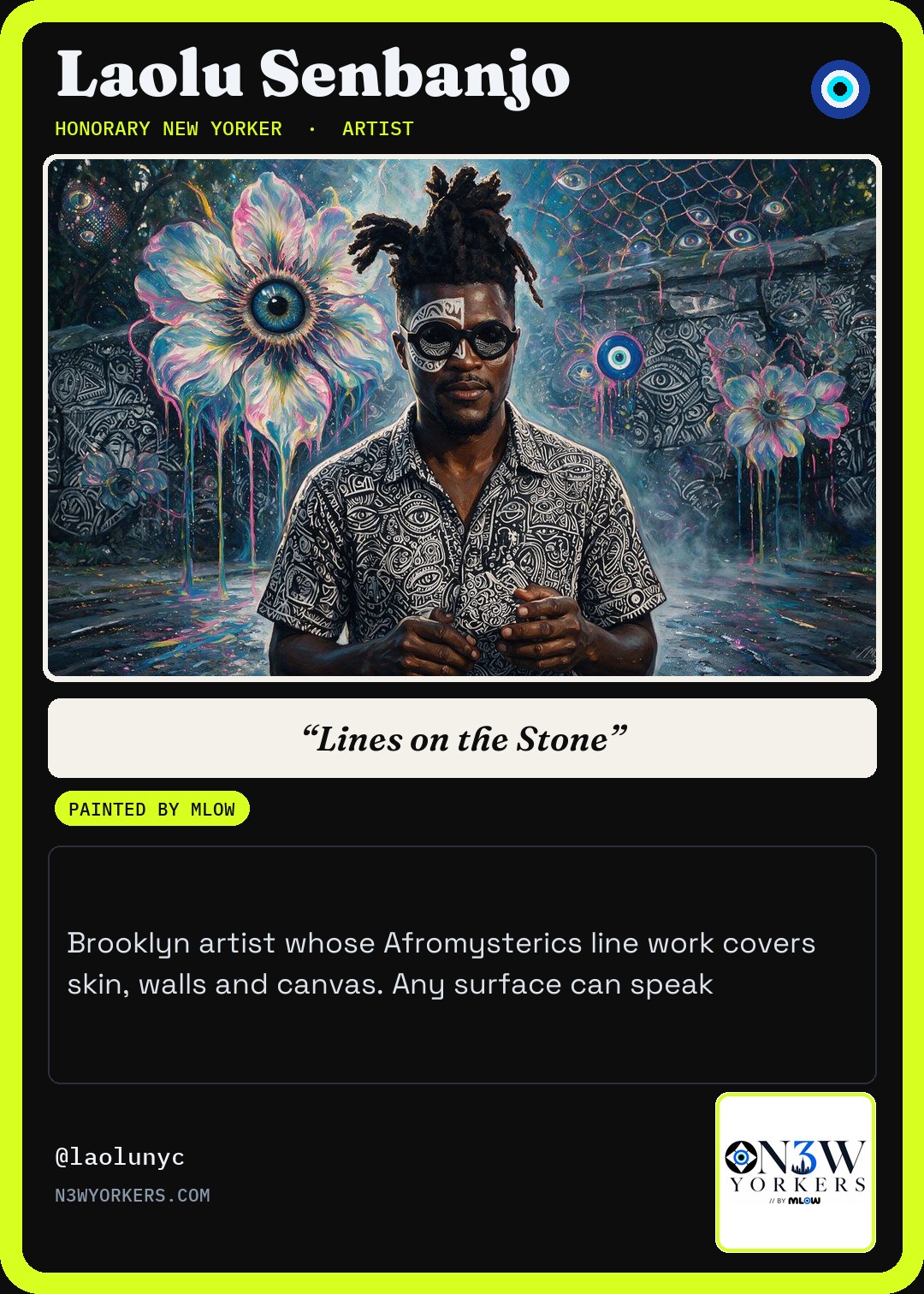 The Honorary card for Laolu Senbanjo, painted by MLow