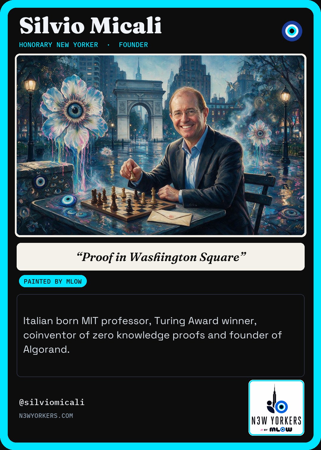 The Honorary card for Silvio Micali, painted by MLow