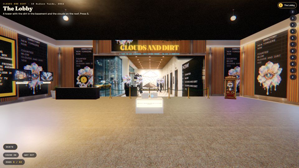 The lobby: a directory, a lift with twelve buttons, a suitcase from 1978 turned to stone, CLOUDS AND DIRT V1: the first tower for Gary Vaynerchuk by MLow