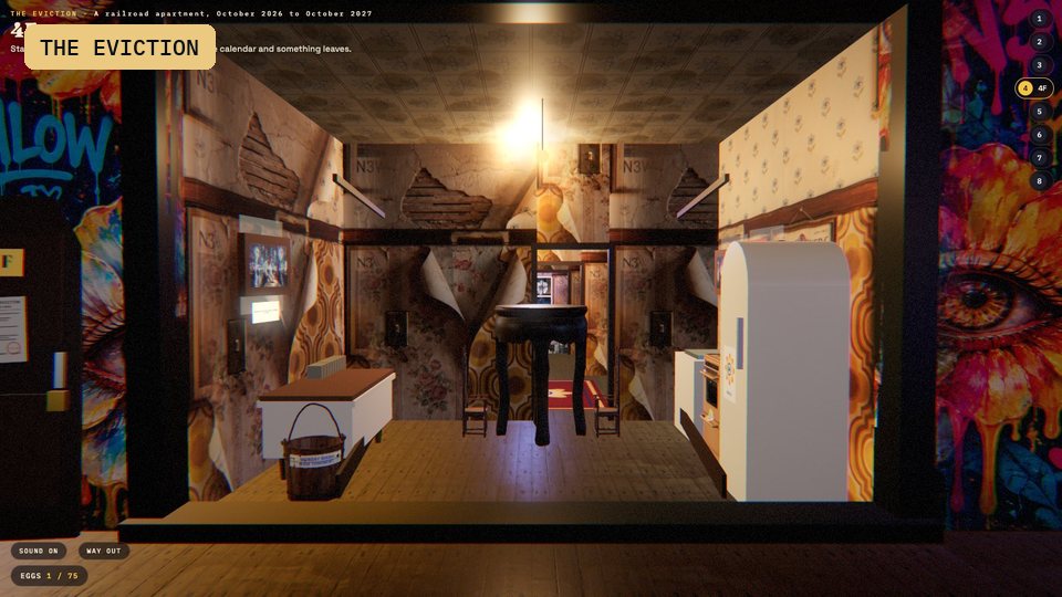 Apartment 4F seen through its open front like a shadowbox, a railroad flat shrinking room by room to a window on the J