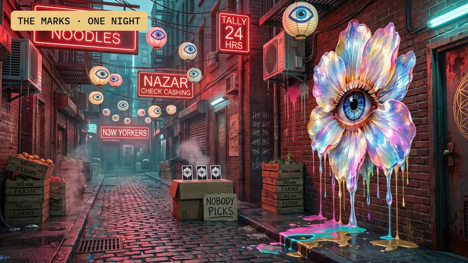 An alley off Canal Street at 2 a.m., EYE FLOWER NOODLES in neon and a three card monte box