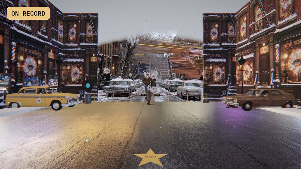 Jones Street in the snow, a couple with eye flower heads walking arm in arm