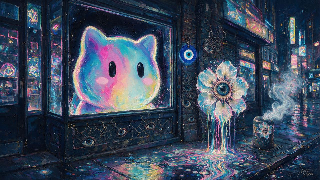 0xlingard, portrait painted by MLow: Rainbow Cat in the Bodega Window