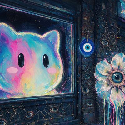 0xlingard, portrait painted by MLow: Rainbow Cat in the Bodega Window