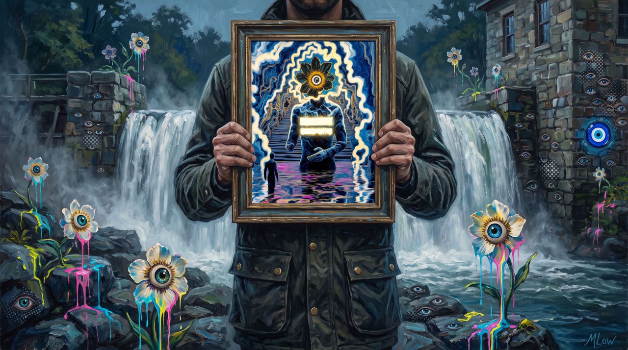 0xrhett.eth, portrait painted by MLow: The Flower Head at the Stone Mill