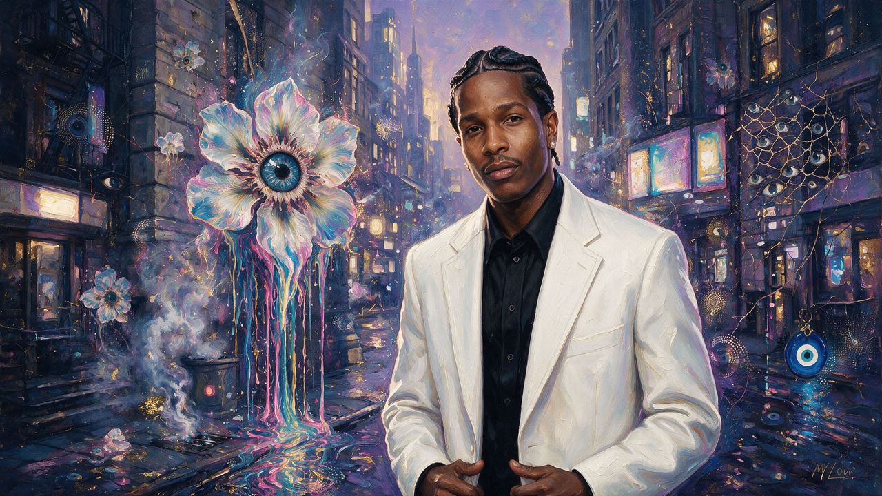 A$AP Rocky, portrait painted by MLow: White Blazer, Purple Corner