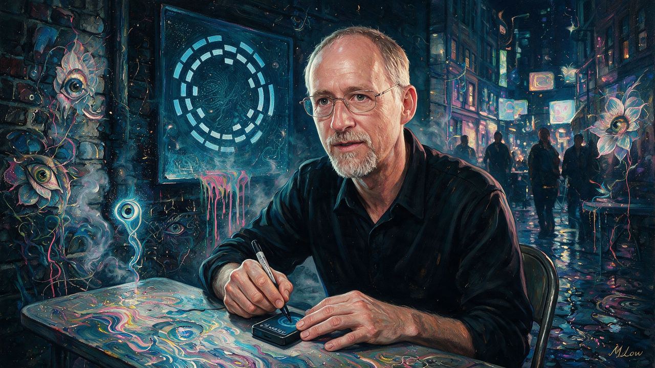 Adam Back, portrait painted by MLow: Signing in a Chinatown Basement