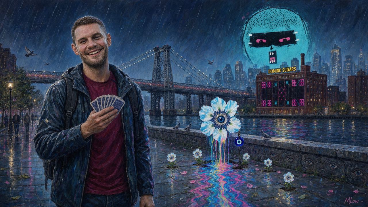 Adam Ilenich, portrait by MLow: Holding the Cards at Domino Park