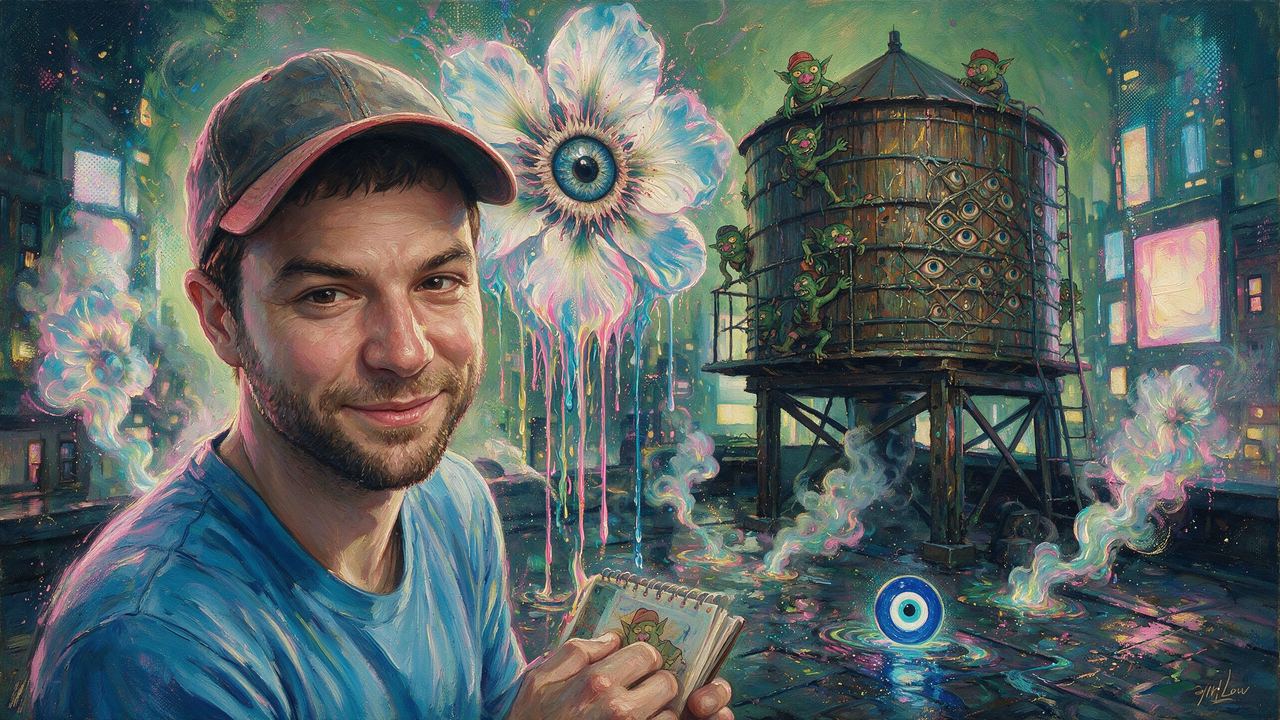 Alex Taub, portrait painted by MLow: Goblins on the Water Tower