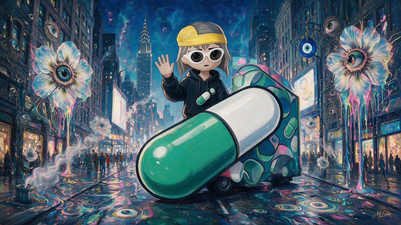 Alon Cohen, portrait painted by MLow: The Pill Rolls Down Fifth
