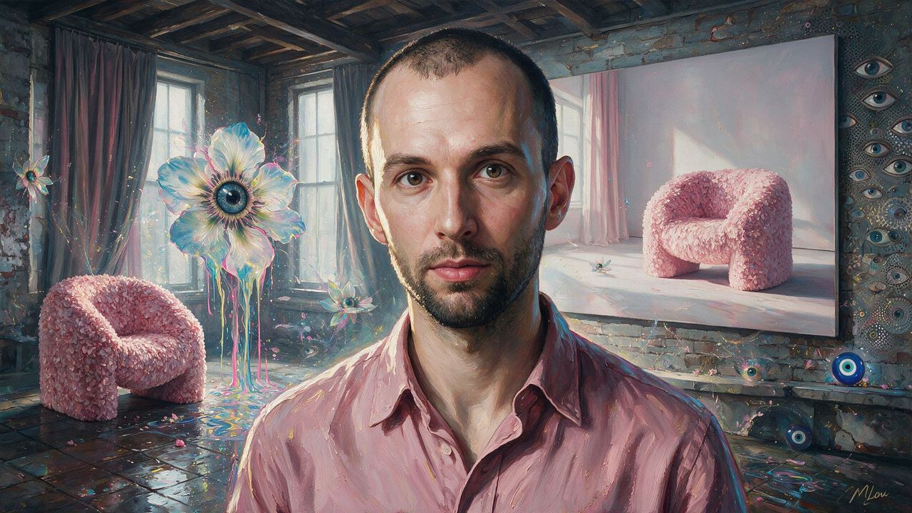 Andrés Reisinger, portrait painted by MLow: Pink Chair, Twice