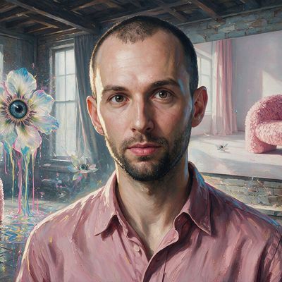 Andrés Reisinger, portrait painted by MLow: Pink Chair, Twice