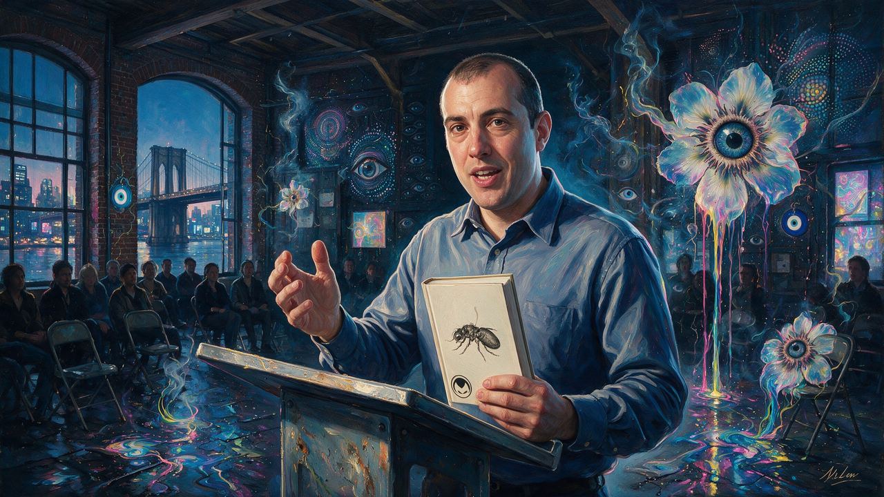 Andreas Antonopoulos, portrait painted by MLow: Lecture in a DUMBO Warehouse