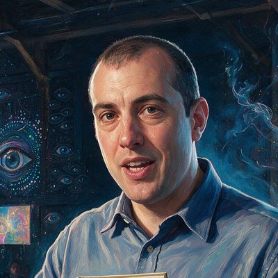 Andreas Antonopoulos, portrait painted by MLow: Lecture in a DUMBO Warehouse
