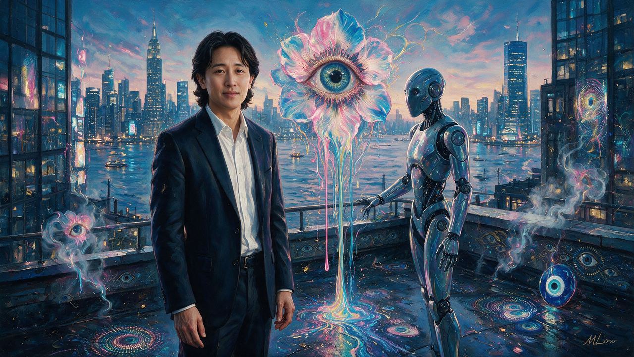 Andrew Kang, portrait painted by MLow: Robot Walk at Hudson Yards