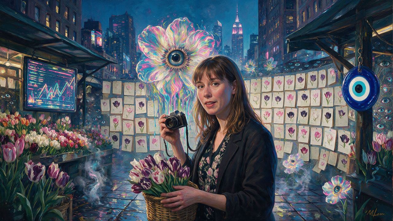 Anna Ridler, portrait painted by MLow: Tulips at the Greenmarket