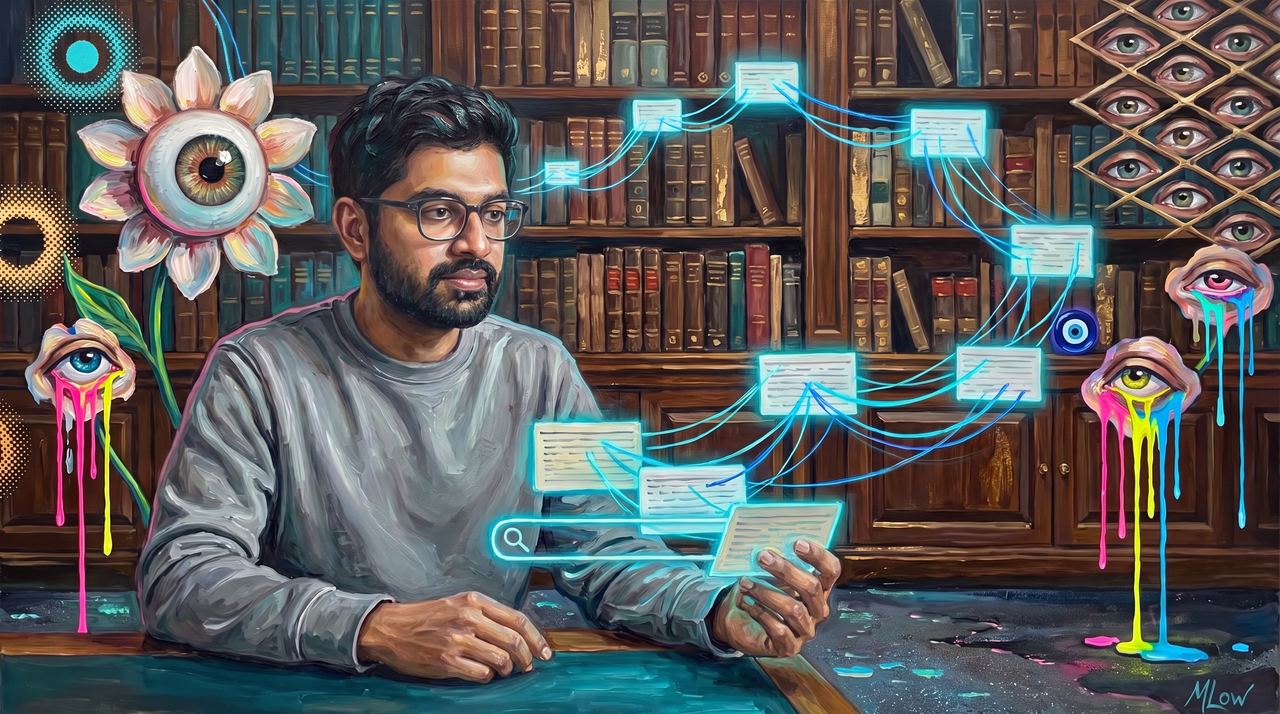Aravind Srinivas, portrait painted by MLow: Index Cards at the Morgan