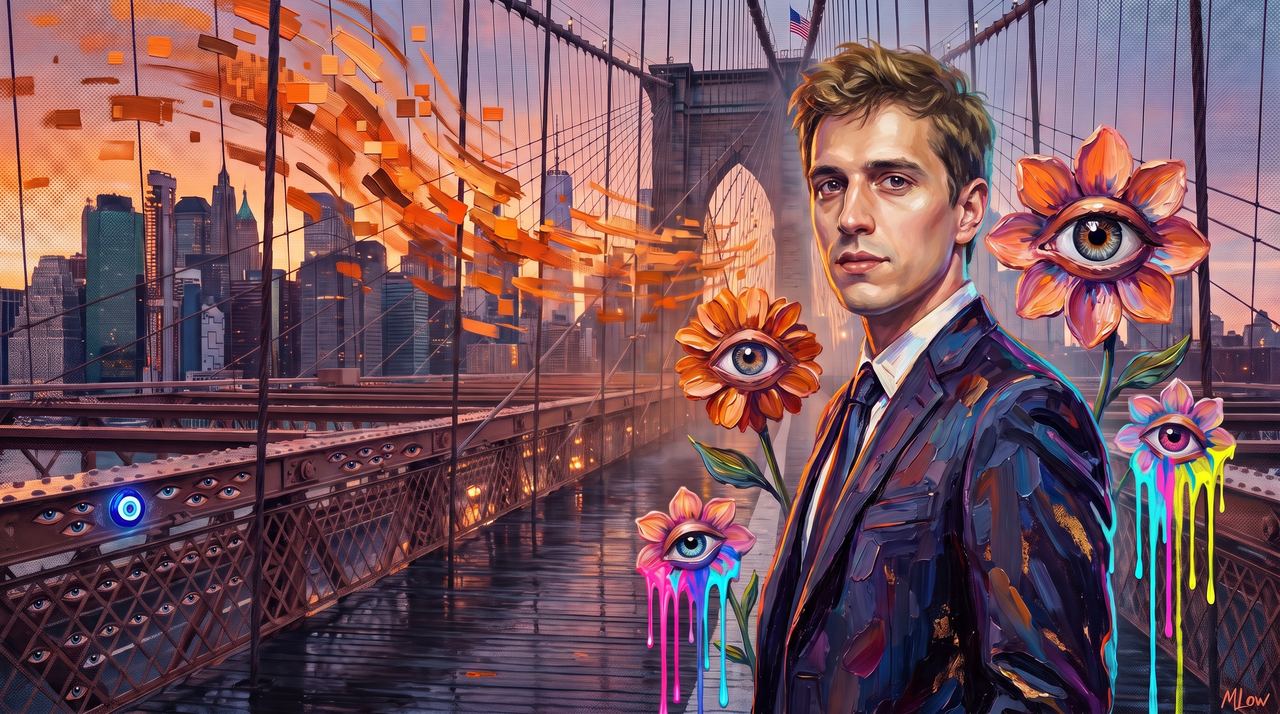 Arthur Mensch, portrait painted by MLow: A Mistral on the Brooklyn Bridge