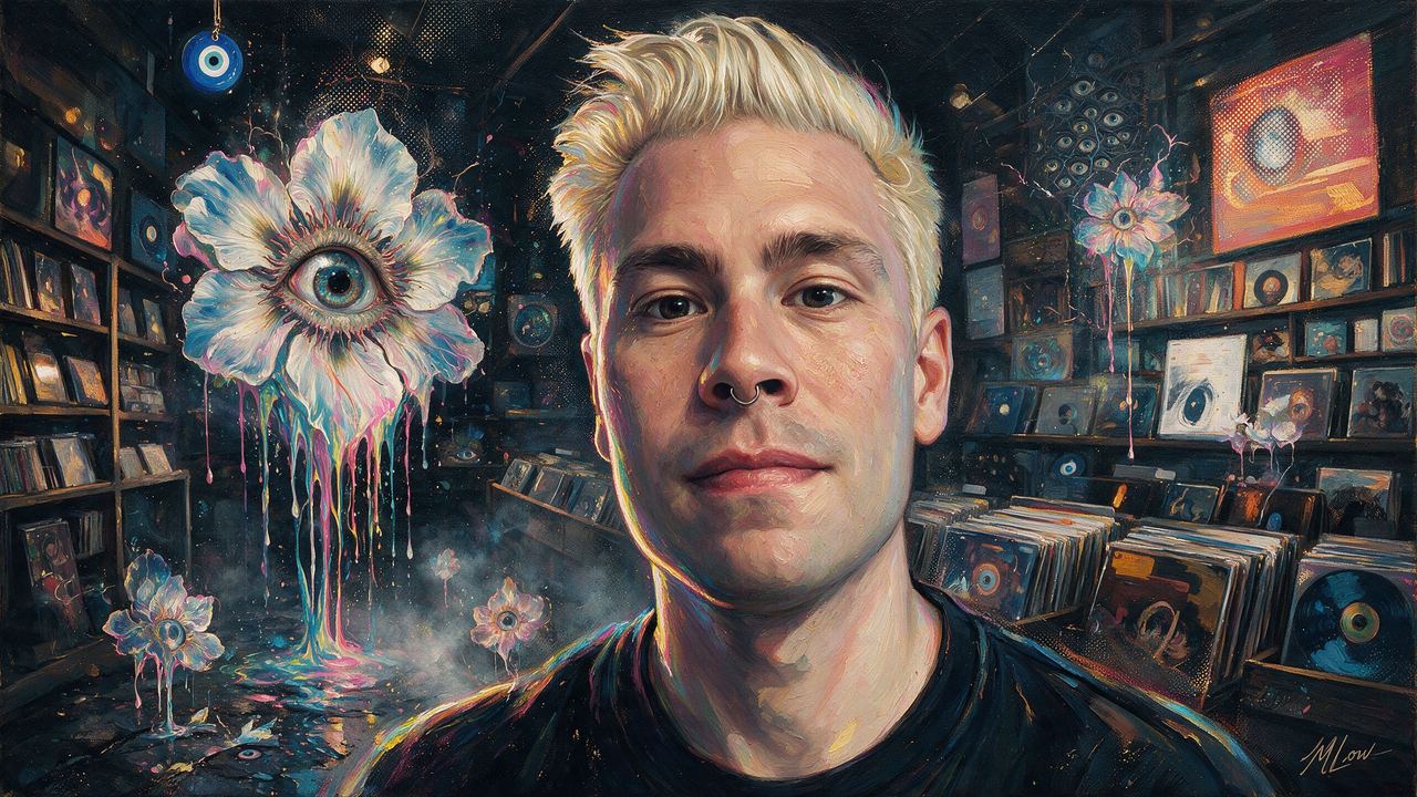 Austin Robey, portrait painted by MLow: Record Shop After Hours