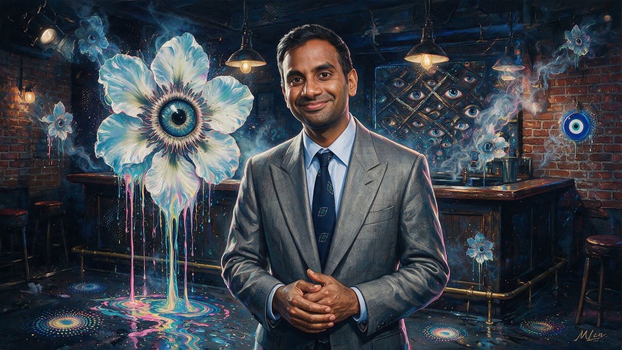 Aziz Ansari, portrait painted by MLow: Grey Suit, Brick Basement