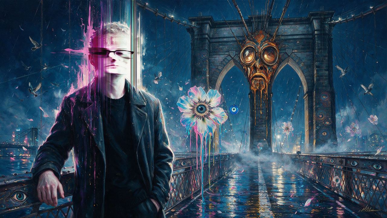 Bård Ionson, portrait painted by MLow: Half Life on the Brooklyn Bridge