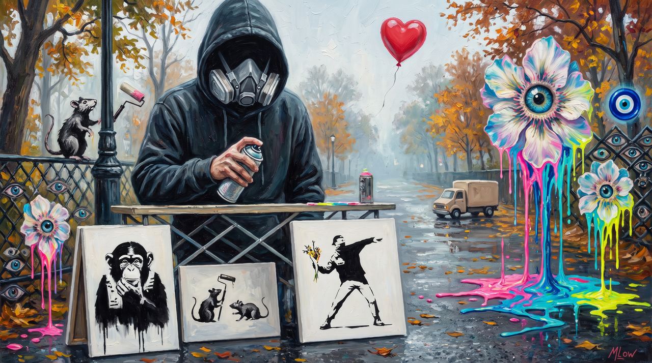 Banksy, portrait painted by MLow: Sixty Dollars in Central Park