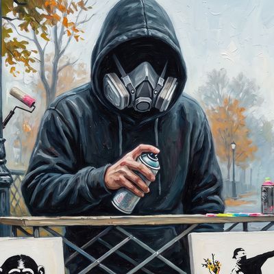 Banksy, portrait painted by MLow: Sixty Dollars in Central Park