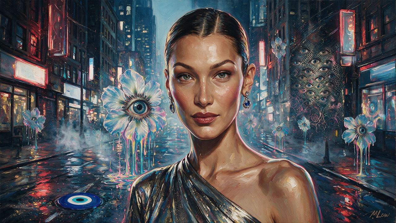 Bella Hadid, portrait painted by MLow: Chrome Dress, Red Neon