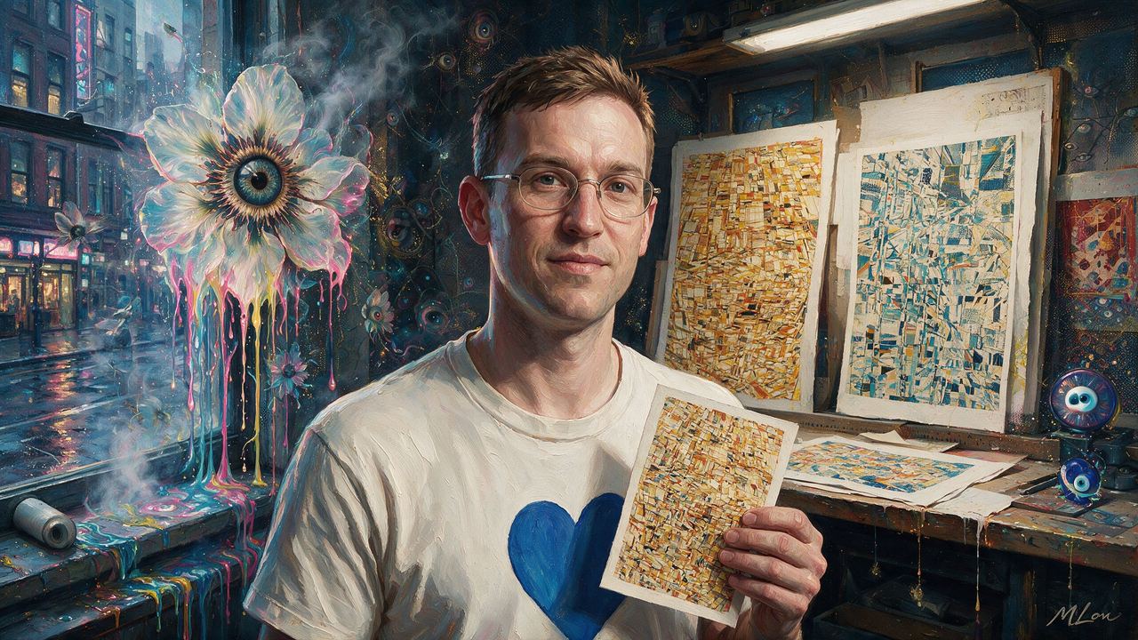 Ben Kovach, portrait painted by MLow: Small Print, Blue Heart