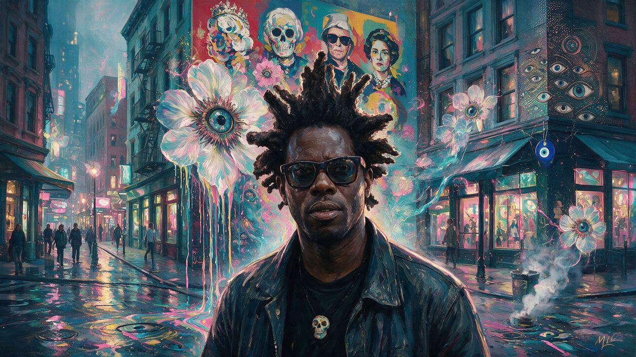 Bradley Theodore, portrait painted by MLow: Skulls Over SoHo