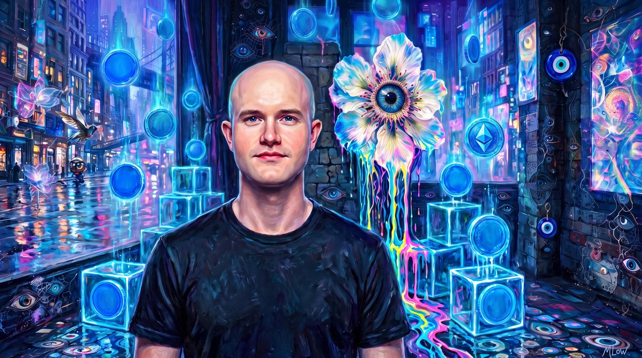 Brian Armstrong, portrait painted by MLow: Coins Rain on Times Square