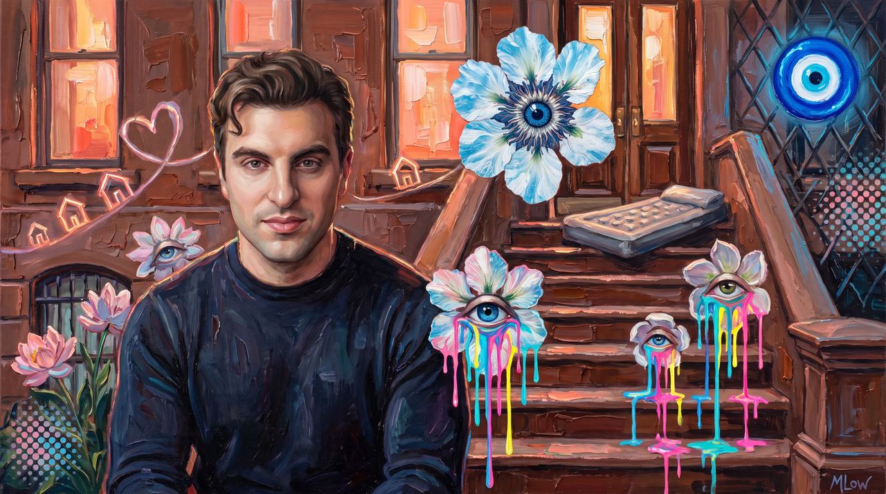 Brian Chesky, portrait painted by MLow: Welcome on a Park Slope Stoop
