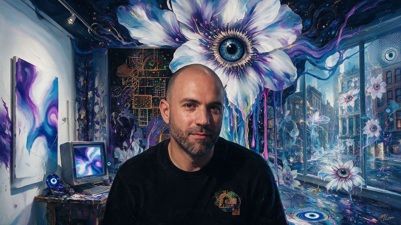 Brutal.Eth, portrait painted by MLow: Violet Gradient, Old Monitor