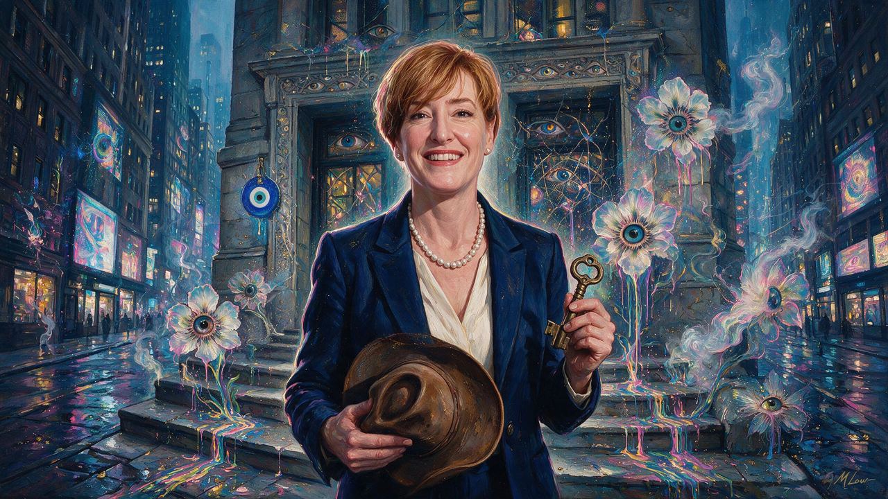 Caitlin Long, portrait painted by MLow: Hat and Key on Wall Street