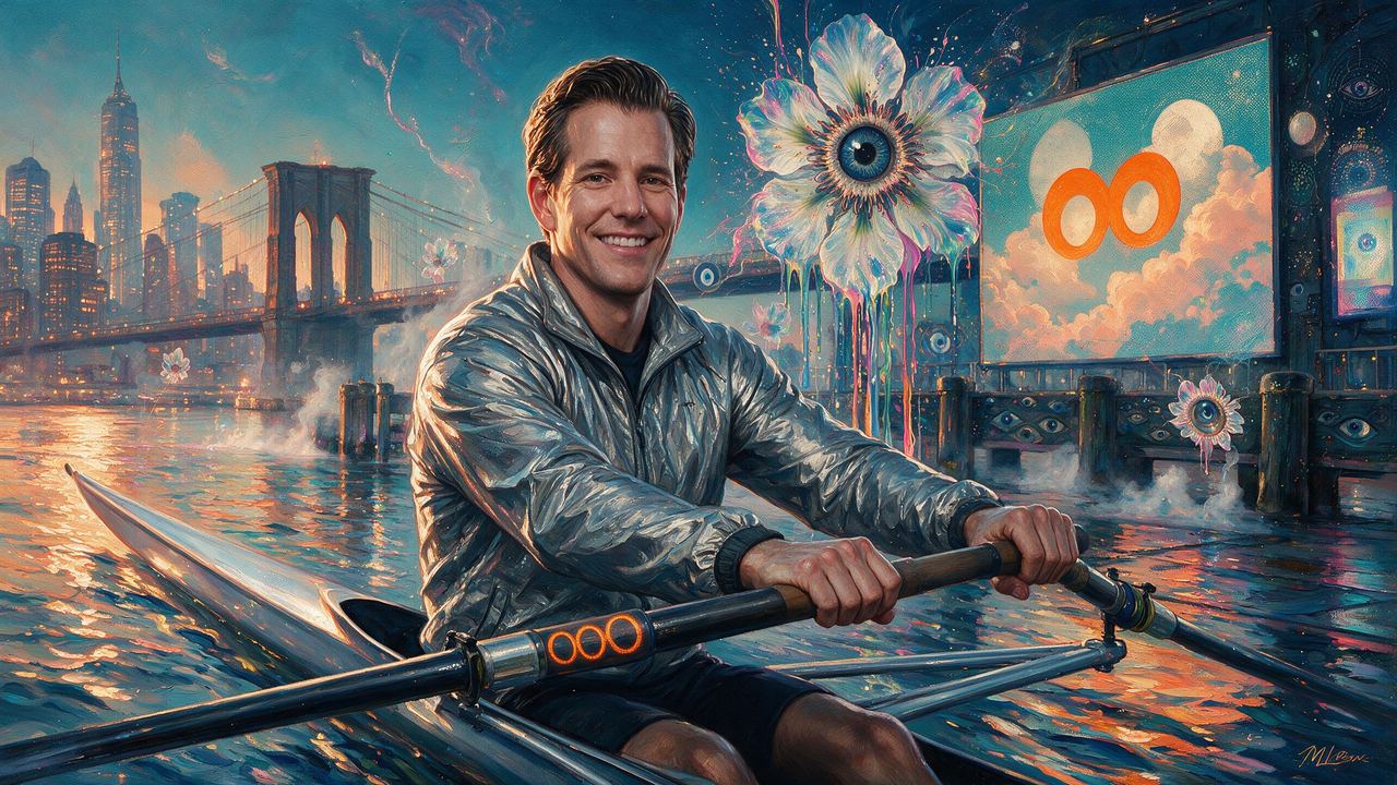 Cameron Winklevoss, portrait painted by MLow: Chrome Scull Under the Bridge