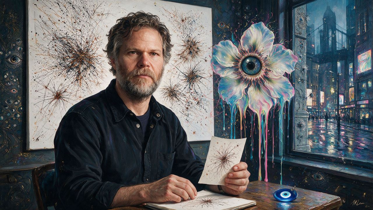 Casey Reas, portrait painted by MLow: Ink Bursts on Paper