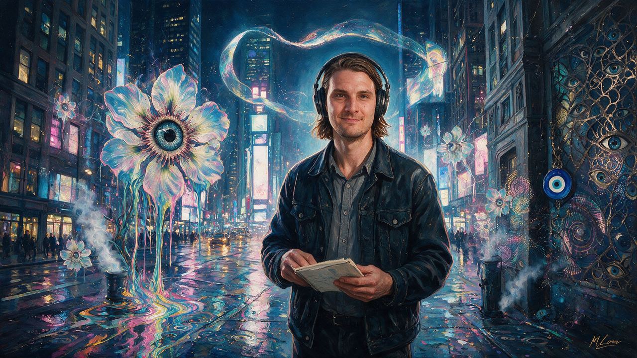 Checkmate, portrait painted by MLow: Reading Tape in Times Square