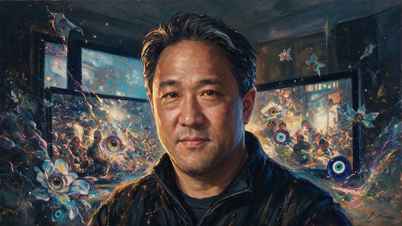 Chikai Ohazama, portrait painted by MLow: Two Screens, Crowded Frames