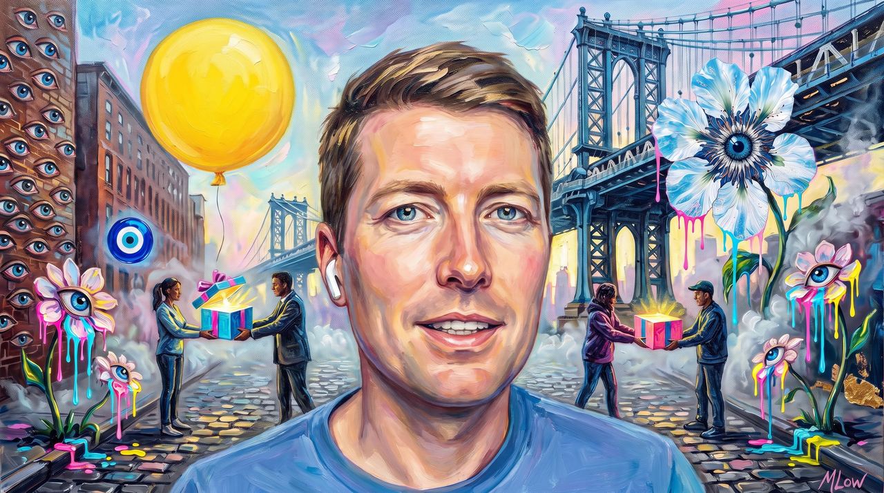 Clément Delangue, portrait painted by MLow: The Hug in DUMBO