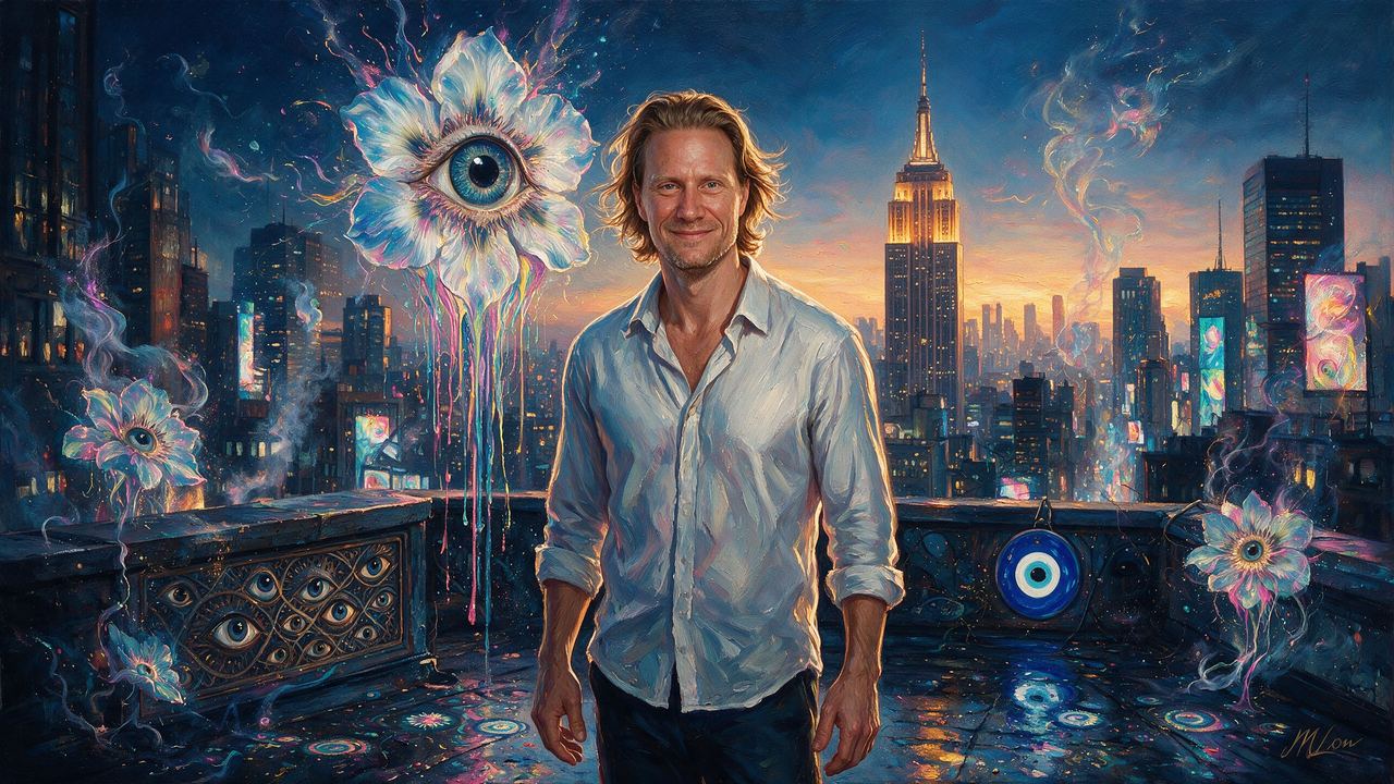 Cory Klippsten, portrait painted by MLow: Golden Hour Over Midtown