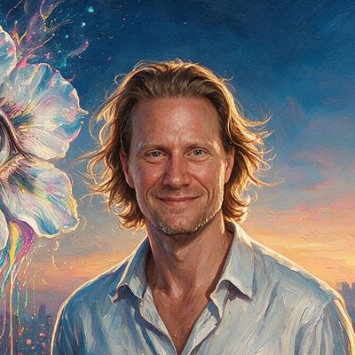 Cory Klippsten, portrait painted by MLow: Golden Hour Over Midtown