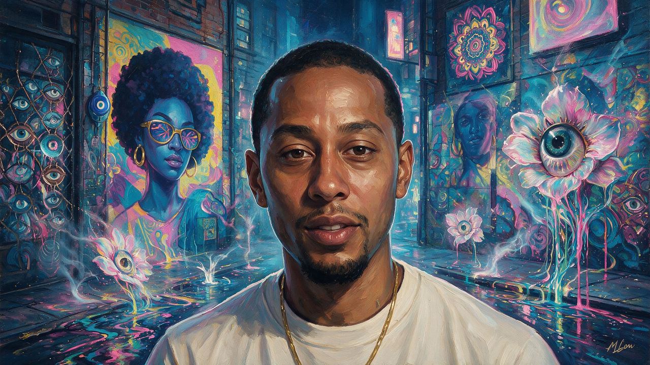 Cory Van Lew, portrait painted by MLow: Gold Glasses on the Wall
