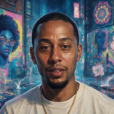 Cory Van Lew, portrait painted by MLow: Gold Glasses on the Wall