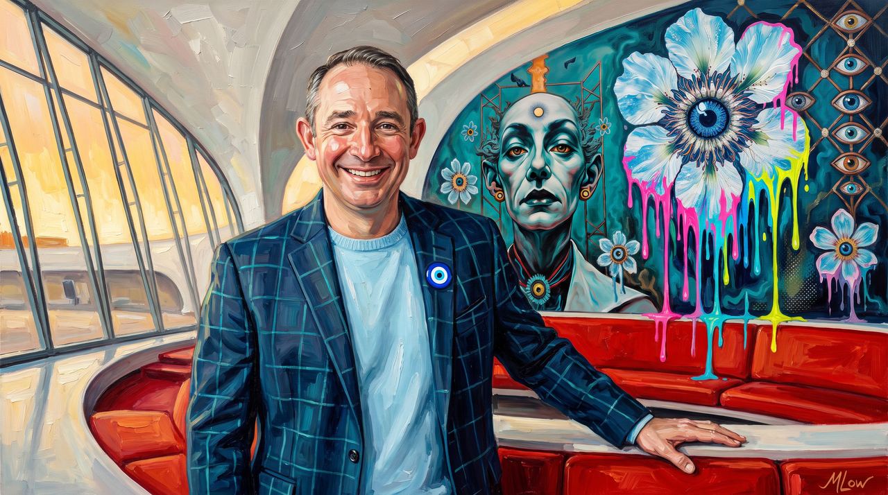 Dan Fraser, portrait painted by MLow: Golden Hour at the TWA Lounge